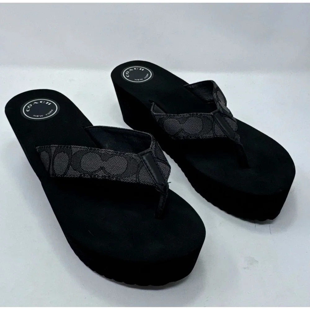 Coach Jen Signature C Jacquard Platform Wedge Flip Flop Sandals Y2K Womens 9B